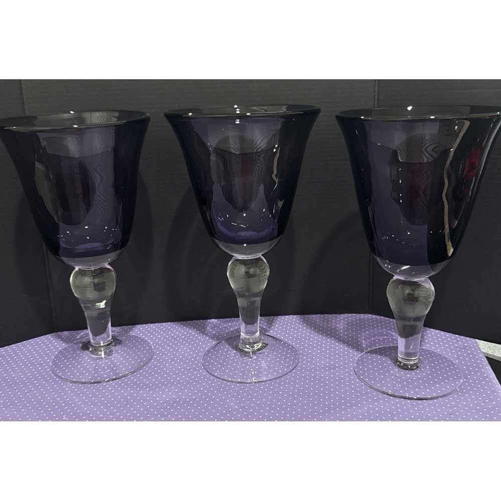 Artland Iris Plum Purple Wine Water Glasses‎ Hand Blown Goblets Set of 3